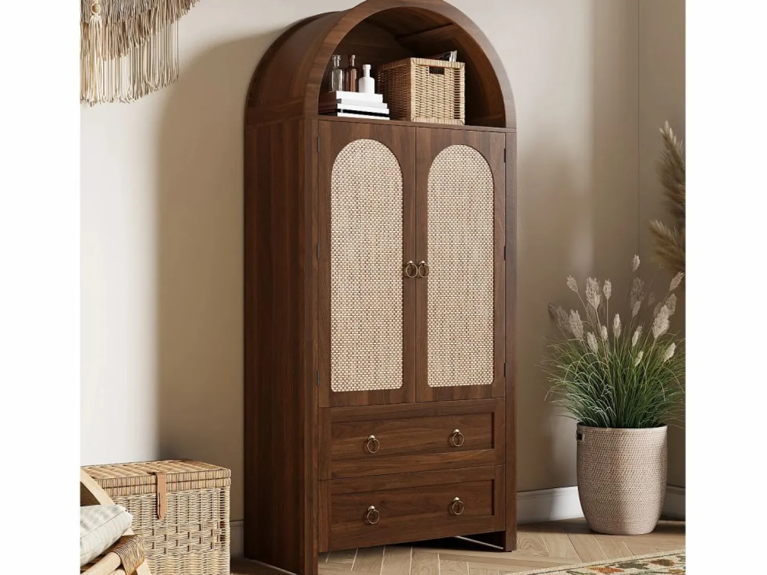 Best Merax Aparador vintage de mimbre estilo abovedado - 80 x 40 x 180 cm - con 2 cajones + 2 puertas - para salón y dormitorio - MDF - marrón Marru00f3n