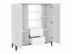New Web furniture Aparador vitrina 120 x 40 cm 2 puertas 2 cajones estantes de cristal diseño Valerie Blanco