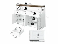 Sale Aparador 140x35x95cm con 3 cajones, 4 puertas y 1 nicho, tablero imitación madera marrón, cuerpo Aparador De Cocina