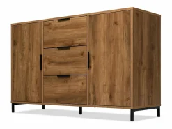 Sale Aparador 120x40x76cm con 3 cajones y 2 puertas, en madera natural oscura, patas de metal negro. Aparador De Cocina