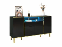 Online Hauss Spole Aparador 150x40x80cm con 4 puertas, 1 cajón y 1 nicho con LED, cuerpo lacado en , cantos y patas dorados Negro