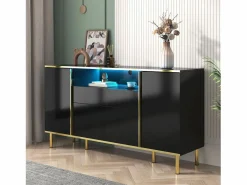 Online Hauss Spole Aparador 150x40x80cm con 4 puertas, 1 cajón y 1 nicho con LED, cuerpo lacado en , cantos y patas dorados Negro