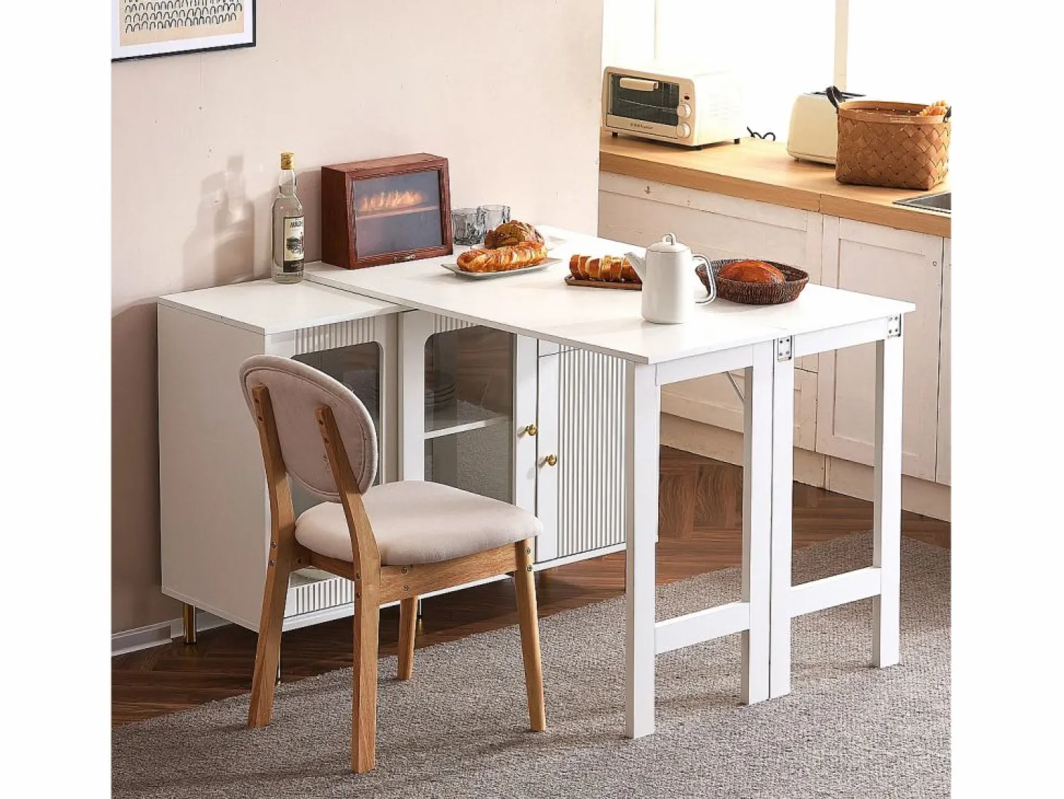 Hauss Spole Aparador 122x80x82cm con 3 puertas y 1 cajón, tapa extensible y giratoria, cuerpo Blanco