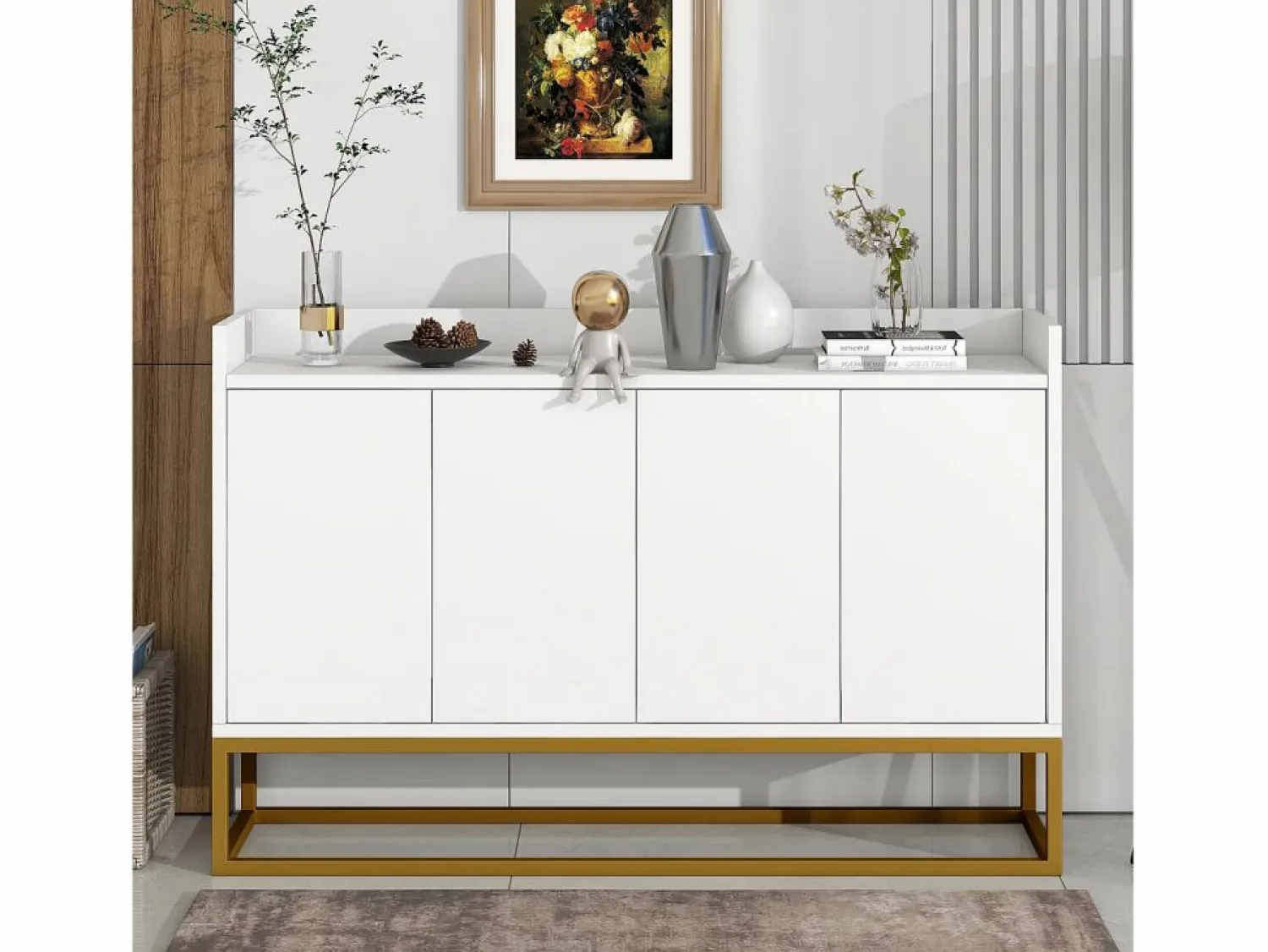 Best Hauss Spole Aparador 120x30x80cm con 4 puertas sin tiradores, patas de metal dorado, cuerpo Blanco