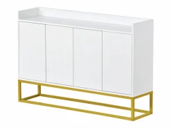 Best Hauss Spole Aparador 120x30x80cm con 4 puertas sin tiradores, patas de metal dorado, cuerpo Blanco