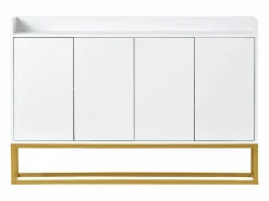 Best Hauss Spole Aparador 120x30x80cm con 4 puertas sin tiradores, patas de metal dorado, cuerpo Blanco