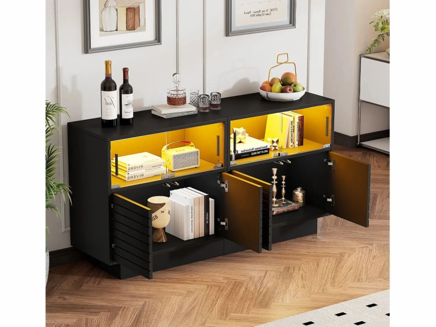 Hauss Spole Aparador 130x35x68cm con 4 puertas correderas de cristal y 4 puertas batientes negras, LED incluido