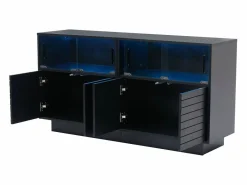 Hauss Spole Aparador 130x35x68cm con 4 puertas correderas de cristal y 4 puertas batientes negras, LED incluido