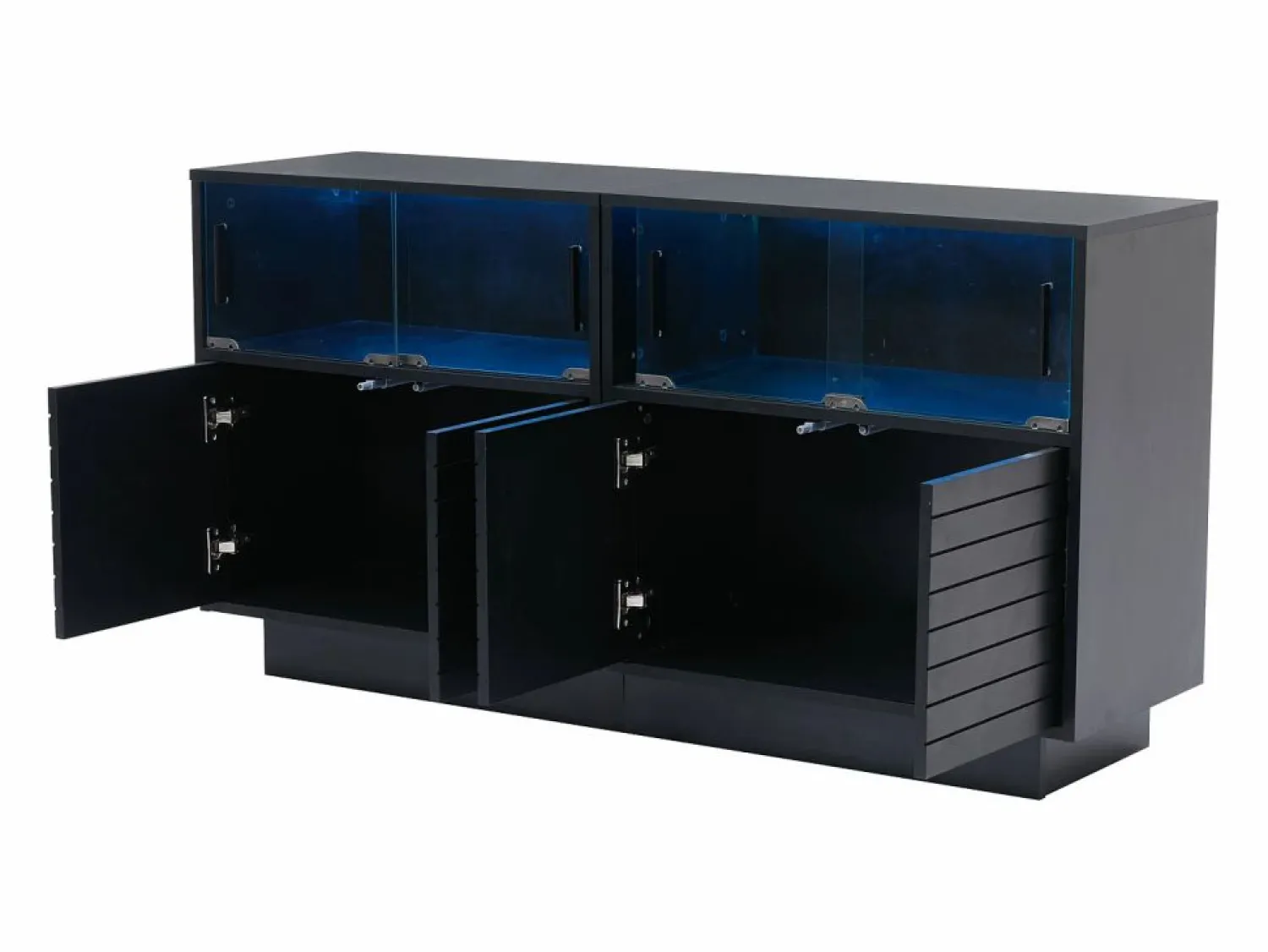 Hauss Spole Aparador 130x35x68cm con 4 puertas correderas de cristal y 4 puertas batientes negras, LED incluido