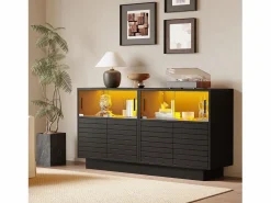 Hauss Spole Aparador 130x35x68cm con 4 puertas correderas de cristal y 4 puertas batientes negras, LED incluido