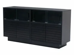Hauss Spole Aparador 130x35x68cm con 4 puertas correderas de cristal y 4 puertas batientes negras, LED incluido