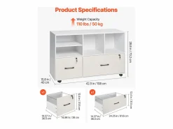 Hot Archivador Móvil SucceBuy de Madera, Mueble de Oficina con 2 Cajones, Estantes Abiertos y Ajustables, Bloqueable, para Oficina, Blanco