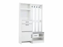 Clearance Hauss Spole Armadietto bianco con 2 cassetti, 2 ante, panca e ganci, pannello forato 110x35x175,5cm Blanco