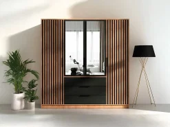 Vente-unique Armario 4 puertas 3 cajones con espejo L196 cm en color natural y negro - LIRMADA Negro / Color natural claro