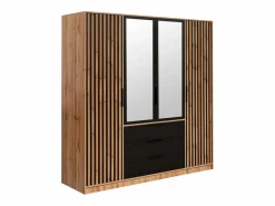 Vente-unique Armario 4 puertas 3 cajones con espejo L196 cm en color natural y negro - LIRMADA Negro / Color natural claro