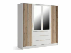 Clearance Vente-unique Armario 4 puertas 3 cajones con espejo An196 cm en color natural y blanco - LIRMADA Color natural claro / Blanco