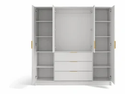 Clearance Vente-unique Armario 4 puertas 3 cajones con espejo An196 cm en color natural y blanco - LIRMADA Color natural claro / Blanco