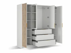 Clearance Vente-unique Armario 4 puertas 3 cajones con espejo An196 cm en color natural y blanco - LIRMADA Color natural claro / Blanco