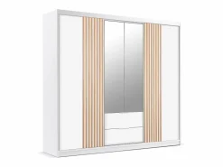 Vente-unique Armario 4 puertas 2 cajones con espejo L250 cm color blanco y natural - SIDOVIA