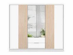 Vente-unique Armario 4 puertas 2 cajones con espejo L250 cm color blanco y natural - SIDOVIA