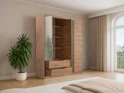 Sale Vente-unique Armario 4 puertas 2 cajones - Con espejo - L203 cm - Color: Natural y negro - SIDOVIA Color natural claro