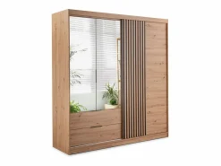 Sale Vente-unique Armario 4 puertas 2 cajones - Con espejo - L203 cm - Color: Natural y negro - SIDOVIA Color natural claro
