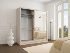 Sale Vente-unique Armario 2 puertas correderas con espejo L203 cm color beige y natural - CALOWI Beige / Color natural claro