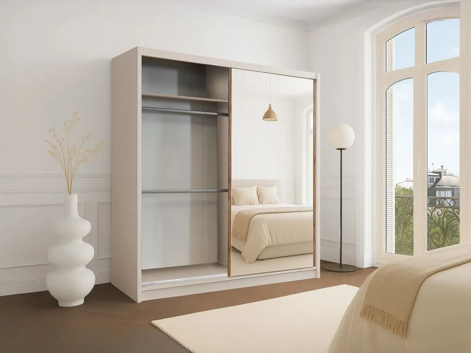 Sale Vente-unique Armario 2 puertas correderas con espejo L203 cm color beige y natural - CALOWI Beige / Color natural claro