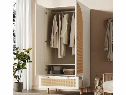 Online DripeX Armario 2 Puertas Rattan y 1 Cajón - con Barra Colgar - Estantes Ajustables - Antivuelco 85.5x52x180.5cm Blanco