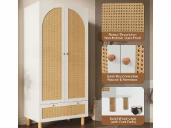 Online DripeX Armario 2 Puertas Rattan y 1 Cajón - con Barra Colgar - Estantes Ajustables - Antivuelco 85.5x52x180.5cm Blanco