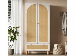 Online DripeX Armario 2 Puertas Rattan y 1 Cajón - con Barra Colgar - Estantes Ajustables - Antivuelco 85.5x52x180.5cm Blanco