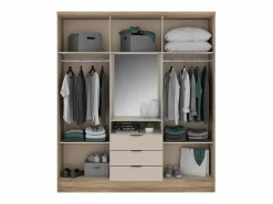 Vente-unique Armario 6 puertas y 3 cajones con espejo L180 cm en natural y beige - ELORIO