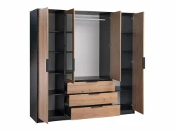 Vente-unique Armario 4 puertas y 3 cajones con espejos L196 cm color natural y negro - LAMIKI