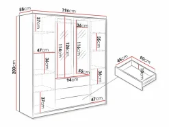 Vente-unique Armario 4 puertas y 3 cajones con espejos L196 cm color natural y negro - LAMIKI
