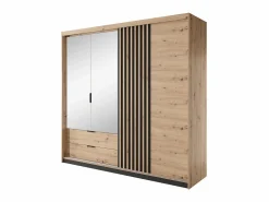Vente-unique Armario 3 puertas y 2 cajones con espejos y LEDs 220 cm de ancho natural y negro - ARIADA