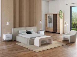 Vente-unique Armario 3 puertas y 2 cajones con espejos y LEDs 220 cm de ancho natural y negro - ARIADA