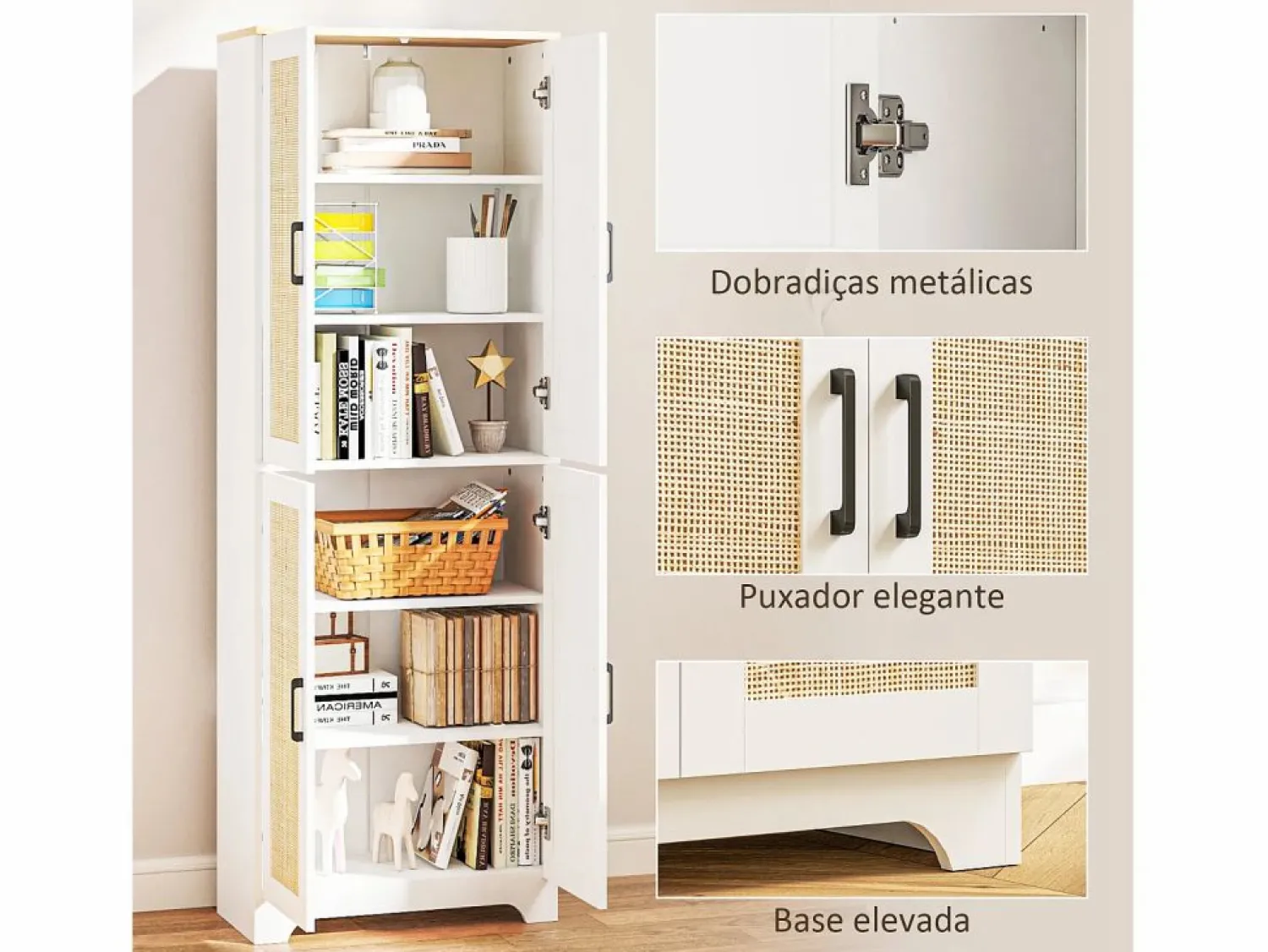 Sale Armario auxiliar Boho 4 puertas 6 estantes ajustables /natural 170x60x30 cm Aparador De Cocina