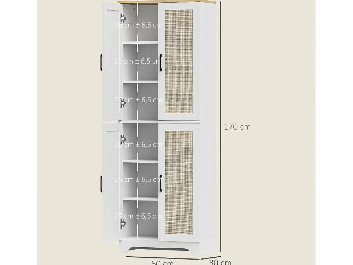 Sale Armario auxiliar Boho 4 puertas 6 estantes ajustables /natural 170x60x30 cm Aparador De Cocina