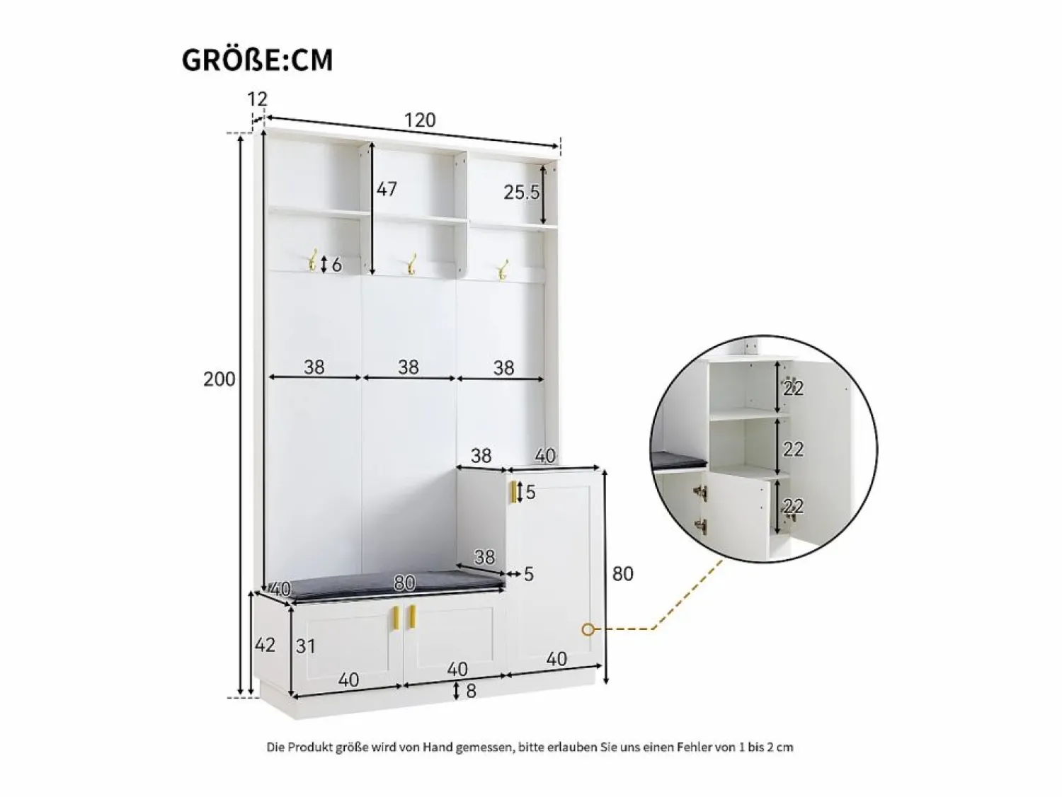 Hauss Spole Armario con 3 puertas, 3 ganchos y almacenaje abierto, 120x40x200 cm