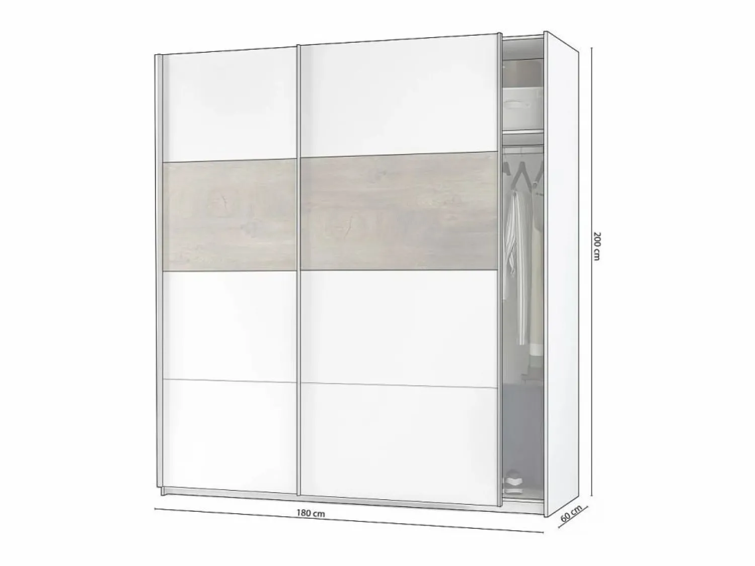 Outlet duehome Armario Brike 180 2 puertas correderas Blanco Artik (Blanco Mate) – Roble Alaska Gris