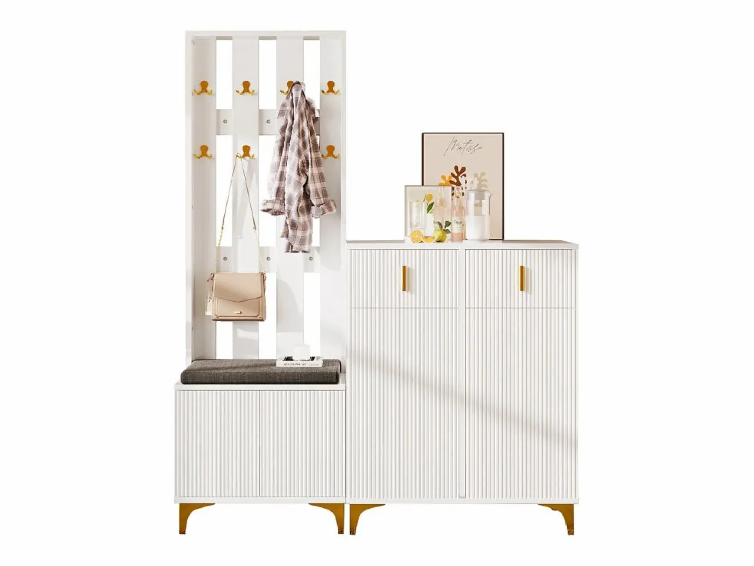 Best Armario combinado con banco zapatero y cojín, diseño moderno, tablero de partículas, , ganchos dorados (60,5x180,5x35,2 cm) Blanco