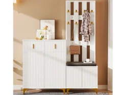 Best Armario combinado con banco zapatero y cojín, diseño moderno, tablero de partículas, , ganchos dorados (60,5x180,5x35,2 cm) Blanco