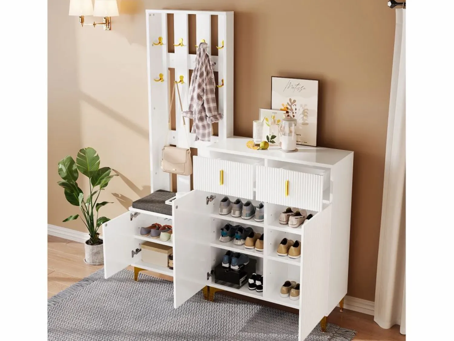 Best Armario combinado con banco zapatero y cojín, diseño moderno, tablero de partículas, , ganchos dorados (60,5x180,5x35,2 cm) Blanco