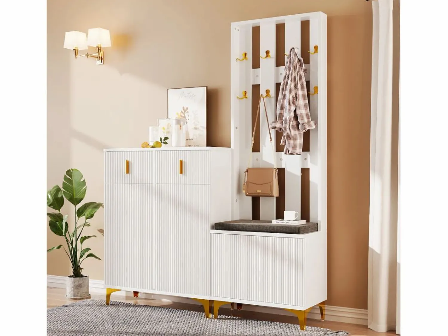 Best Armario combinado con banco zapatero y cojín, diseño moderno, tablero de partículas, , ganchos dorados (60,5x180,5x35,2 cm) Blanco
