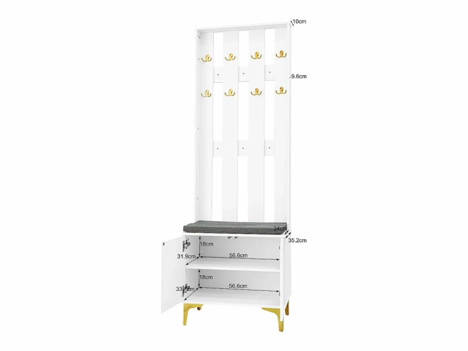 Best Armario combinado con banco zapatero y cojín, diseño moderno, tablero de partículas, , ganchos dorados (60,5x180,5x35,2 cm) Blanco