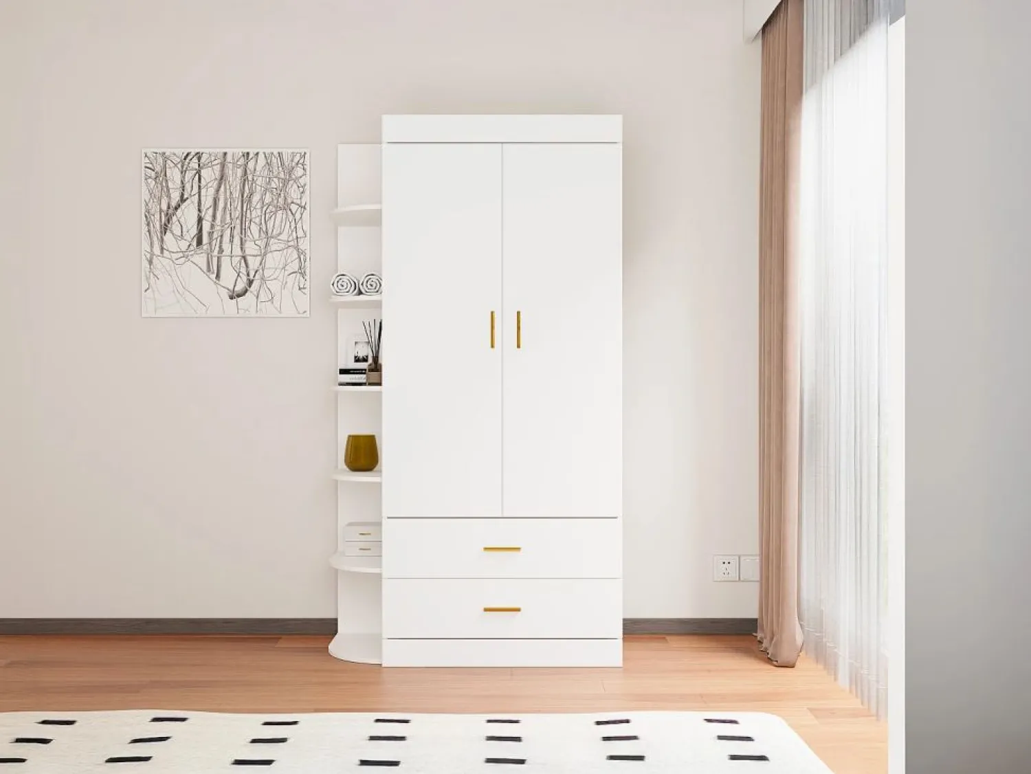 Sale Armario con 2 puertas 2 cajones y 6 estantes An100 cm blanco y dorado - GRIMORI Armario
