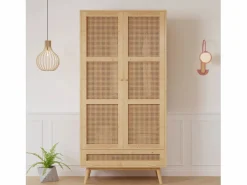 New Armario con barra - 2 puertas de malla de ratán y 1 compartimento con solapa - Natural Armario
