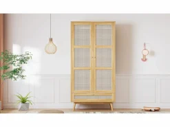 Best Armario con barra - 90 x 45 x 183 cm - con 3 puertas - aglomerado + ratán sintético - natural Armario