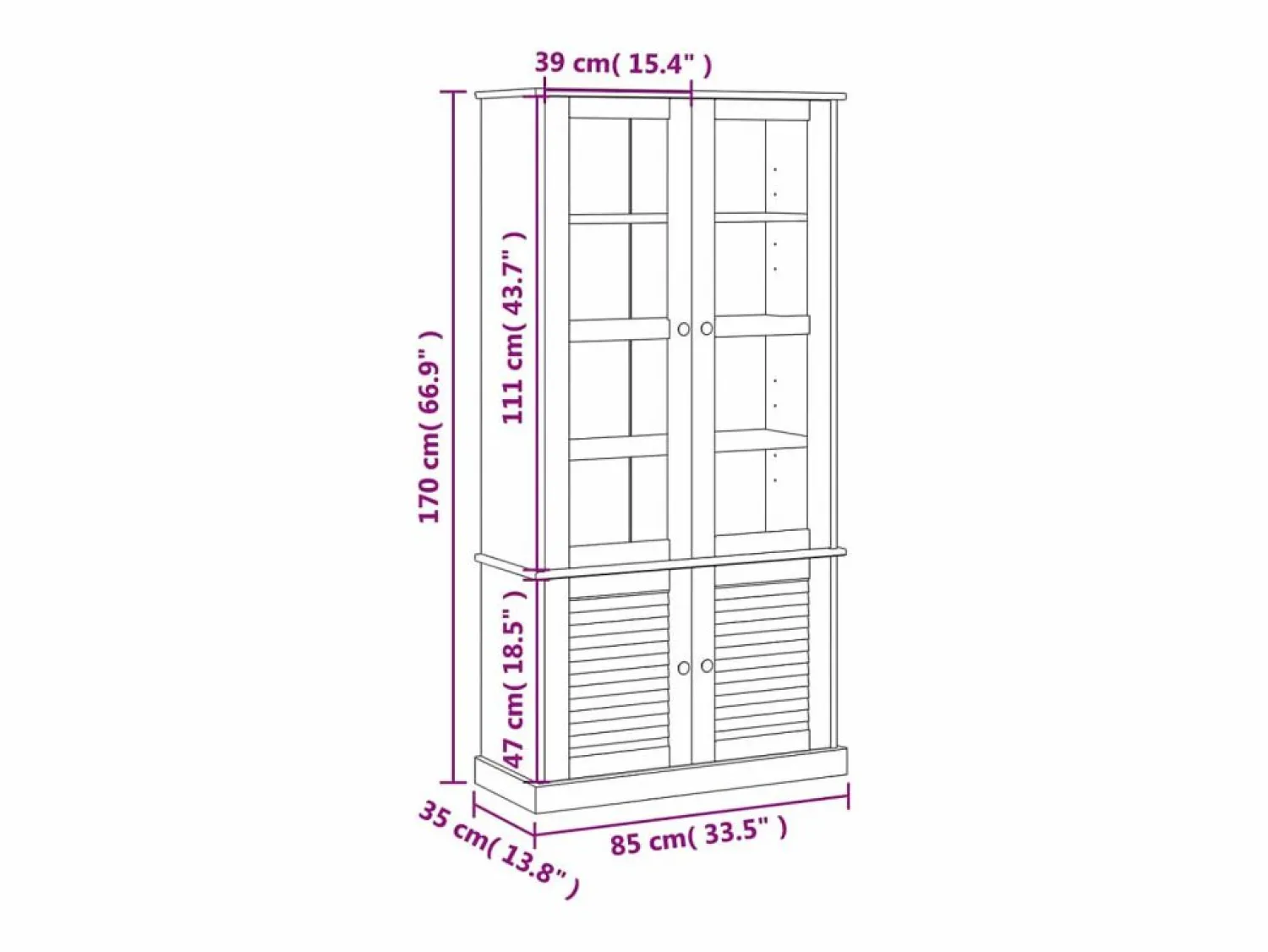Clicnbuy Armario con vitrina VIGO madera maciza pino 85x35x170 cm Gris