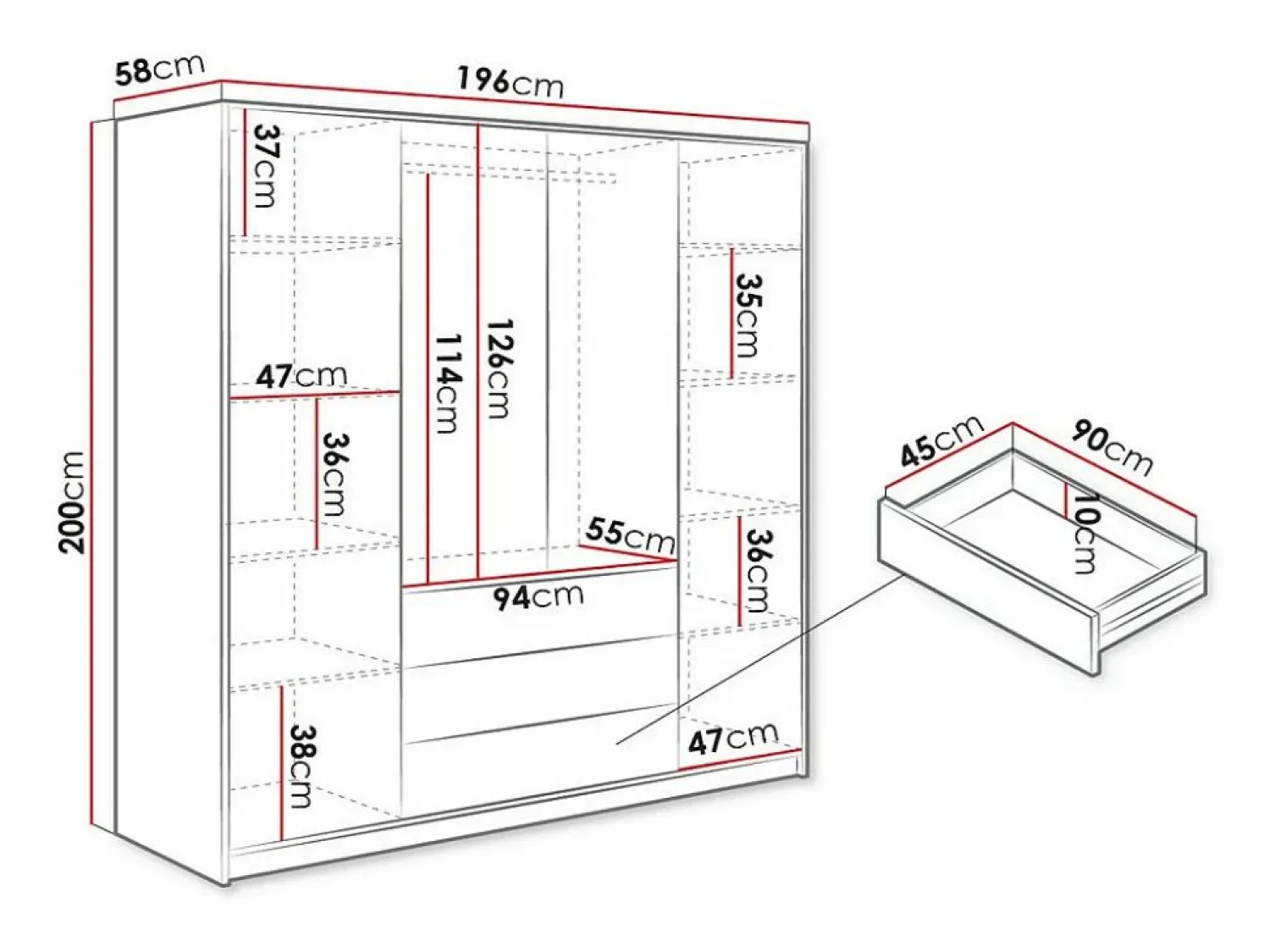 Outlet Vente-unique Armario de 4 puertas y 3 cajones con espejo L196 cm - LIZANDRO Blanco